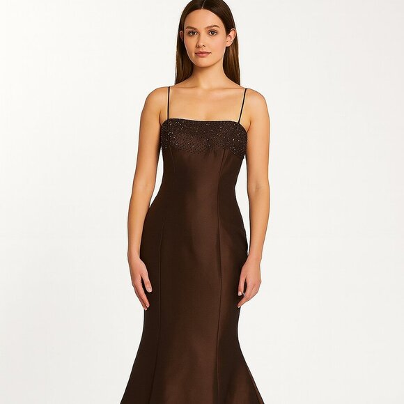 Frascara Brown Satin Embellished Mermaid Evening Gown Dress Size 4 Formal Prom C - Picture 1 of 16